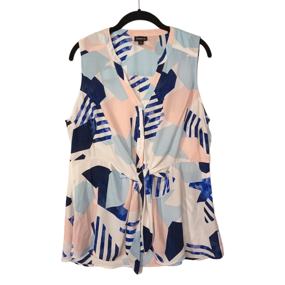 TORRID Light Pink, Cream, Black, Blue Geometric Print Sleeveless Front Tie Top M